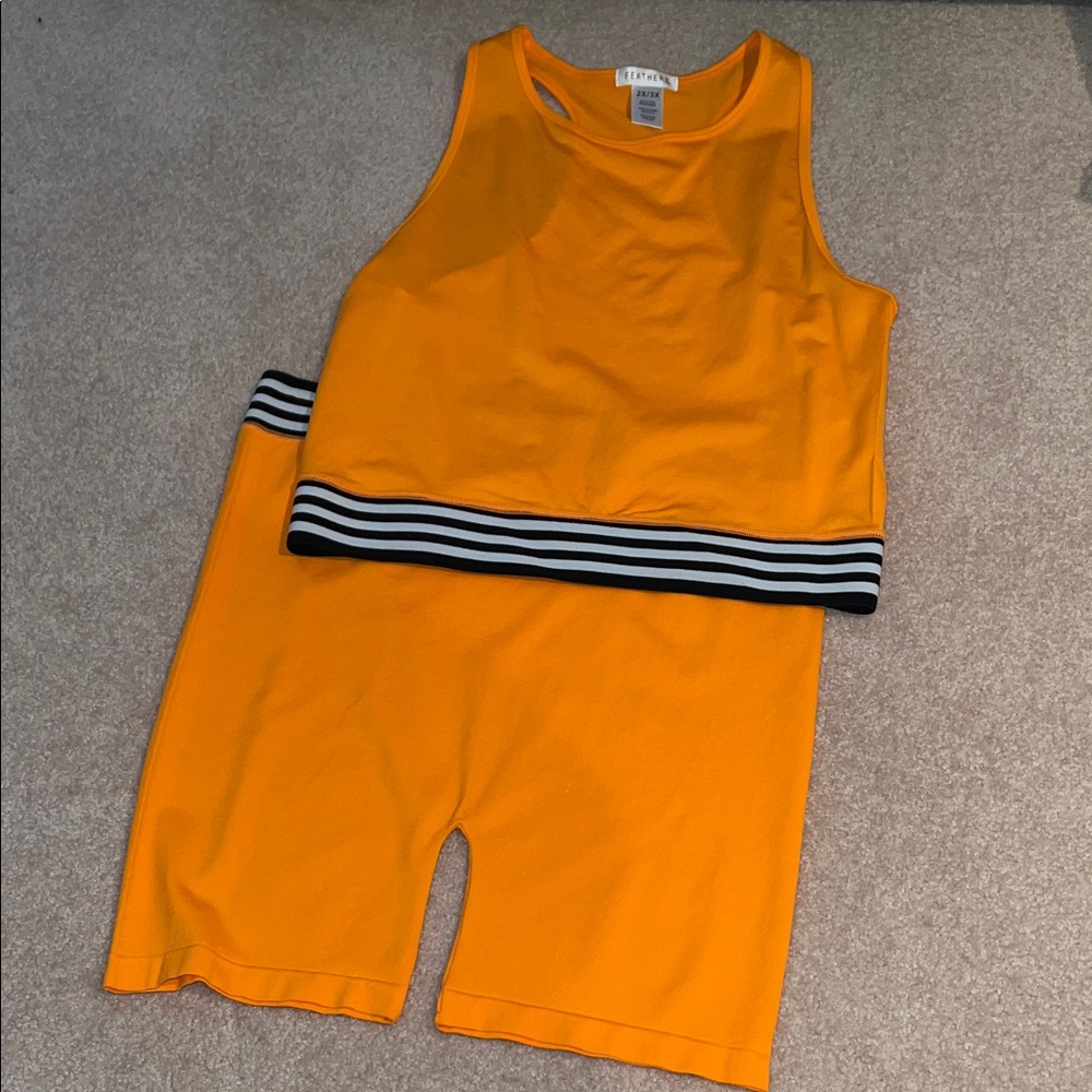 NWT neon sleeveless tank top with orange biker shorts thick waistband (2x-3x)